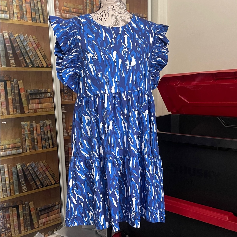 Blue and White Patterned Ruffle Dress - Picture 1 of 5